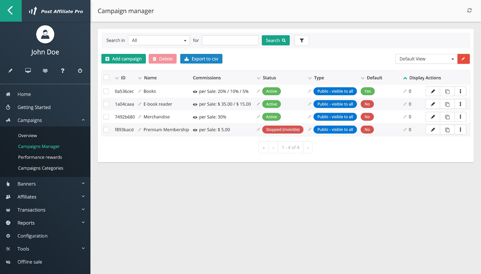 Post Affiliate Pro also allows you to easily track and manage your campaigns with the Campaign manager feature