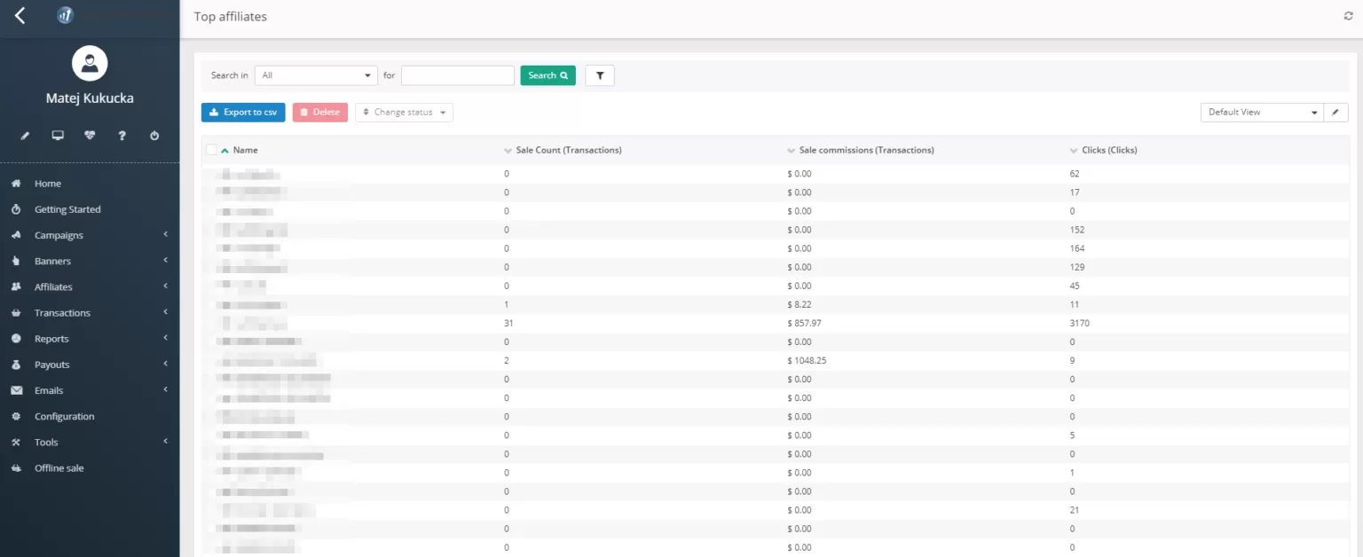 Post Affiliate Pro reports - top affiliates