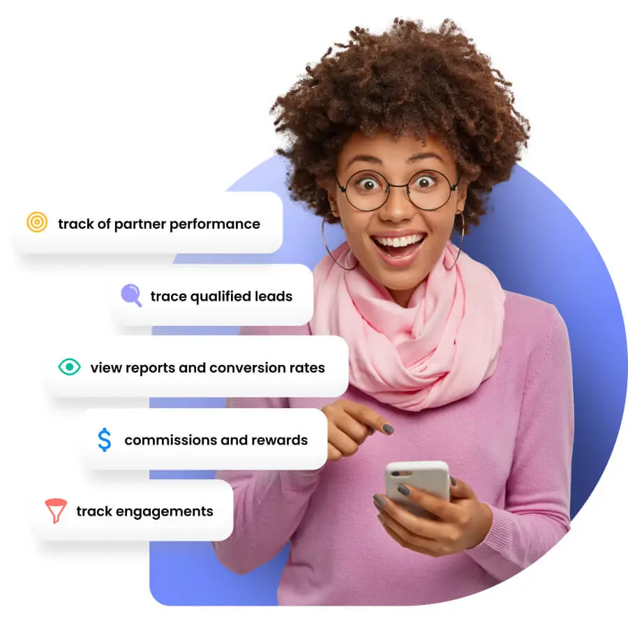 Stock image of a woman on the phone, next to a simple illustration showing how Post Affiliate Pro works, along with several award badges.