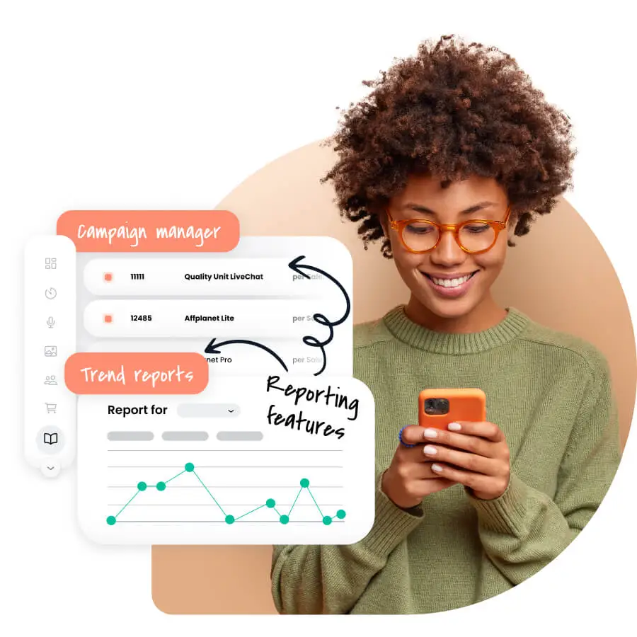 Stock image of a woman on the phone, next to a simple illustration showing how Post Affiliate Pro works, along with several award badges.