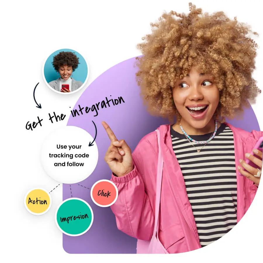 Stock image of a woman on the phone, next to a simple illustration showing how Post Affiliate Pro works, along with several award badges.